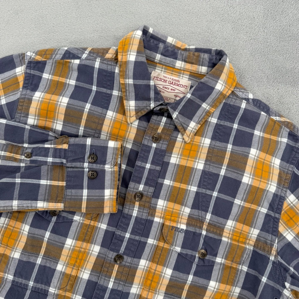 Filson Garment Mens Navy Orange Plaid Cotton Button Down Shirt Size Small